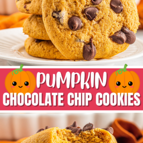 Pumpkin cookies with chocolate chips stacked on top of each other and a cookie with a bite taken out of it.