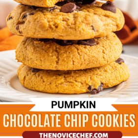 Pumpkin chocolate chip cookies stacked on a white plate with a bite taken out of a cookie.