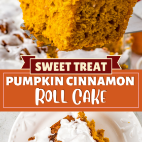 A piece of pumpkin cake being lifted by a spatula and a slice of cake being cut with a fork.