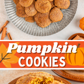 Pumpkin cookies on a serving plate and two cookies stacked on top of each other.