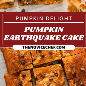 Slices of pumpkin earthquake cake on parchment paper.