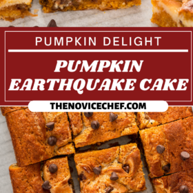 Slices of pumpkin earthquake cake on parchment paper.