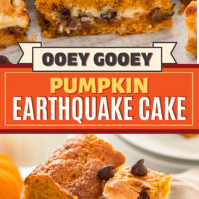 A slice of pumpkin earthquake cake and slices of pumpkin cake stacked on top of each other.