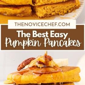 Pumpkin pancakes on a plate with a fork and stack of pancakes topped with butter, syrup and pecans.