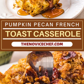 Pumpkin breakfast casserole on a white plate with syrup being poured on top and a fork cutting a bite.