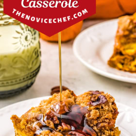 Pumpkin french toast casserole on a white plate with syrup being poured on top.