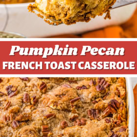A slice of french toast casserole on a spatula and an image of french toast casserole in a white baking dish.