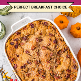 Pumpkin Pecan French Toast Casserole in a white baking dish.