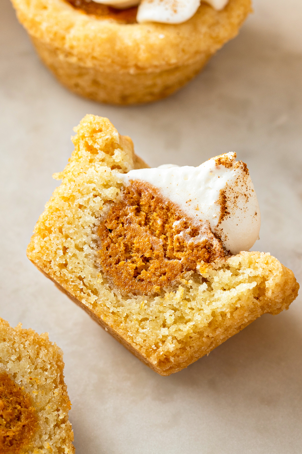 A cut half of a pumpkin pie cookie, to show the texture of the interior.