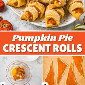 Pumpkin crescent rolls on a plate and being rolled up and then baked.