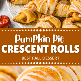 Crescent rolls with pumpkin filling stacked on a platter and one with a bite taken out of it.