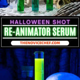 Three test tubes filled with halloween shots and a glowing halloween shot in a test tube with a black light.