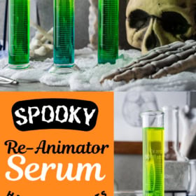 Three halloween shots in test tubes with a skeleton in the background.