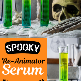 Three halloween shots in test tubes with a skeleton in the background.