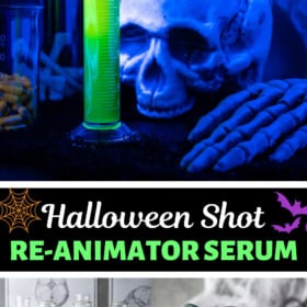 Halloween shots in glass test tubes and a capsule being opened and poured into a tube.