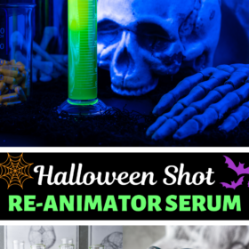 Halloween shots in glass test tubes and a capsule being opened and poured into a tube.