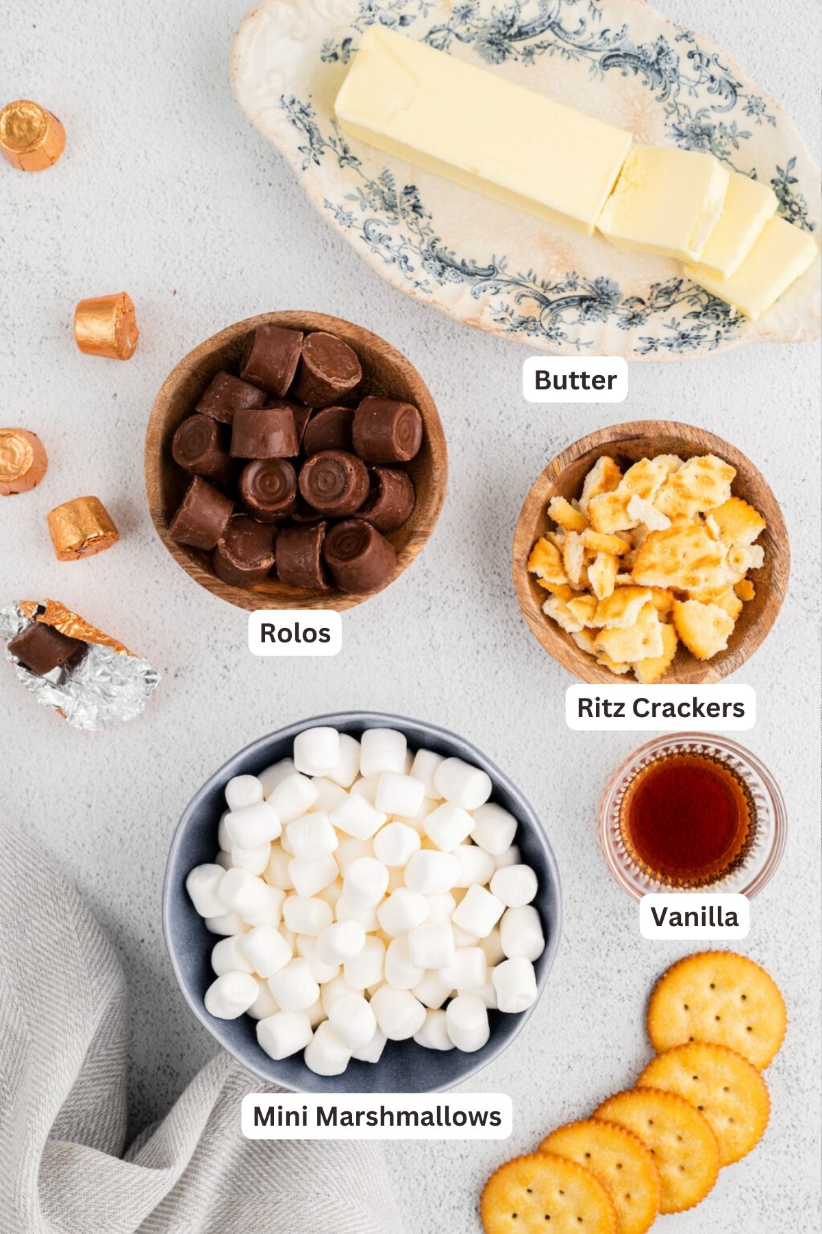 Ingredients for Rolo Ritz Marshmallow Treats.