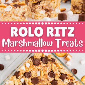A stack of marshmallow treats and marshmallow treats pressed in a pan with rolos.