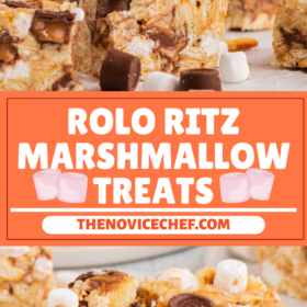 Ritz marshmallows treats stacked on top of each other with one being pulled apart on a plate.