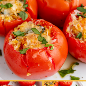 Baked stuffed tomatoes with basil on top, unbaked tomatoes with filling and baked stuffed tomatoes on a plater.
