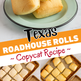 Texas roadhouse rolls stacked on a plate and on cookie sheets before and after baking.