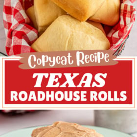 Rolls in a basket and a roll on a plate with cinnamon butter on top.