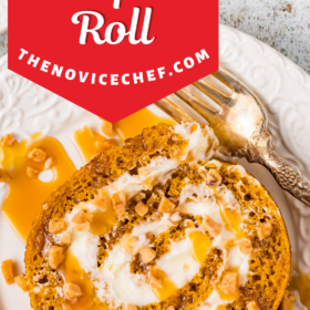 A slice of pumpkin roll with toffee bits sprinkled on top.