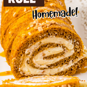 Sliced toffee pumpkin cake roll with cream cheese filling on a white plate.