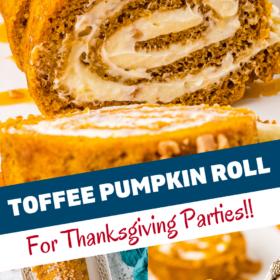 Sliced pumpkin cake roll and a bite of on a fork.