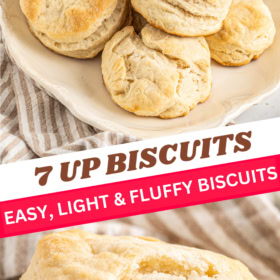 7-up biscuits on a platter and a biscuit with a bite taken out of it.