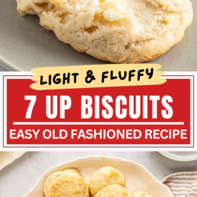 Biscuits made with seven up on a plate and sliced in half with butter on top.