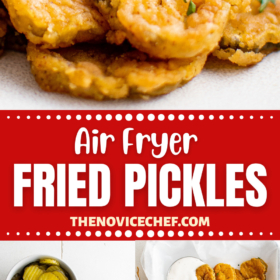 Fried pickles on a plate, ingredients in bowls and a tray of fried pickles with ranch dressing.