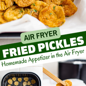 Fried pickles on a tray on parchment paper, pickled in air fryer being fried and tongs picking up fried pickles from a tray.