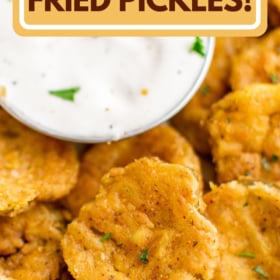 Fried pickles with a bowl of ranch.