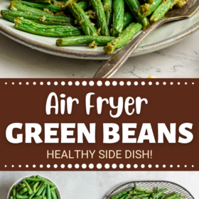 Green beans on a plate, bowls of ingredients and an air fryer basket filled with green beans.