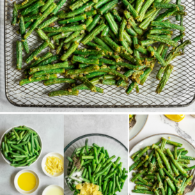 Green beans in an air fryer basket, ingredients in bowls, and green beans on a plate.