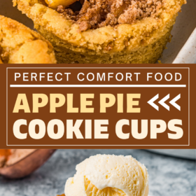 Apple pie cookie cups on a plate and one with ice cream on top.