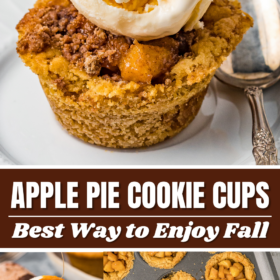 Apple pie cookie cup with ice cream on top, caramel being drizzled on top and cookie cups in muffin tins.
