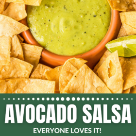Avocado salsa in a bowl with chips around it, ingredients in a blender, and salsa in a blender.