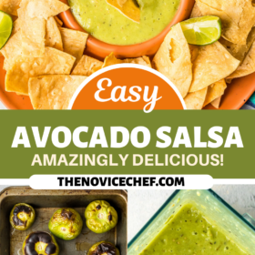 Avocado salsa in a bowl with chips around the bowl, blackened tomatillos and chilis in a roasting dish and avocado salsa in a blender.