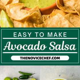Avocado salsa in a bowl surrounded by chips, ingredients arranged on top of each other and a bowl of salsa.