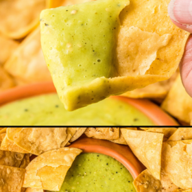 Avocado salsa on a chip and in a bowl surrounded by chips.