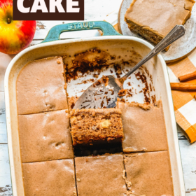 A slice of apple cake with brown sugar frosting cut into pieces in a cake pan.