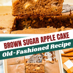 A slice of apple cake being lifted out of a pan and a pan of sliced apple cake.