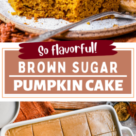 A slice of pumpkin sheet cake on a plate with a bite taken out of it and brown sugar frosting on top of the pumpkin cake, cut into slices, in a baking dish.