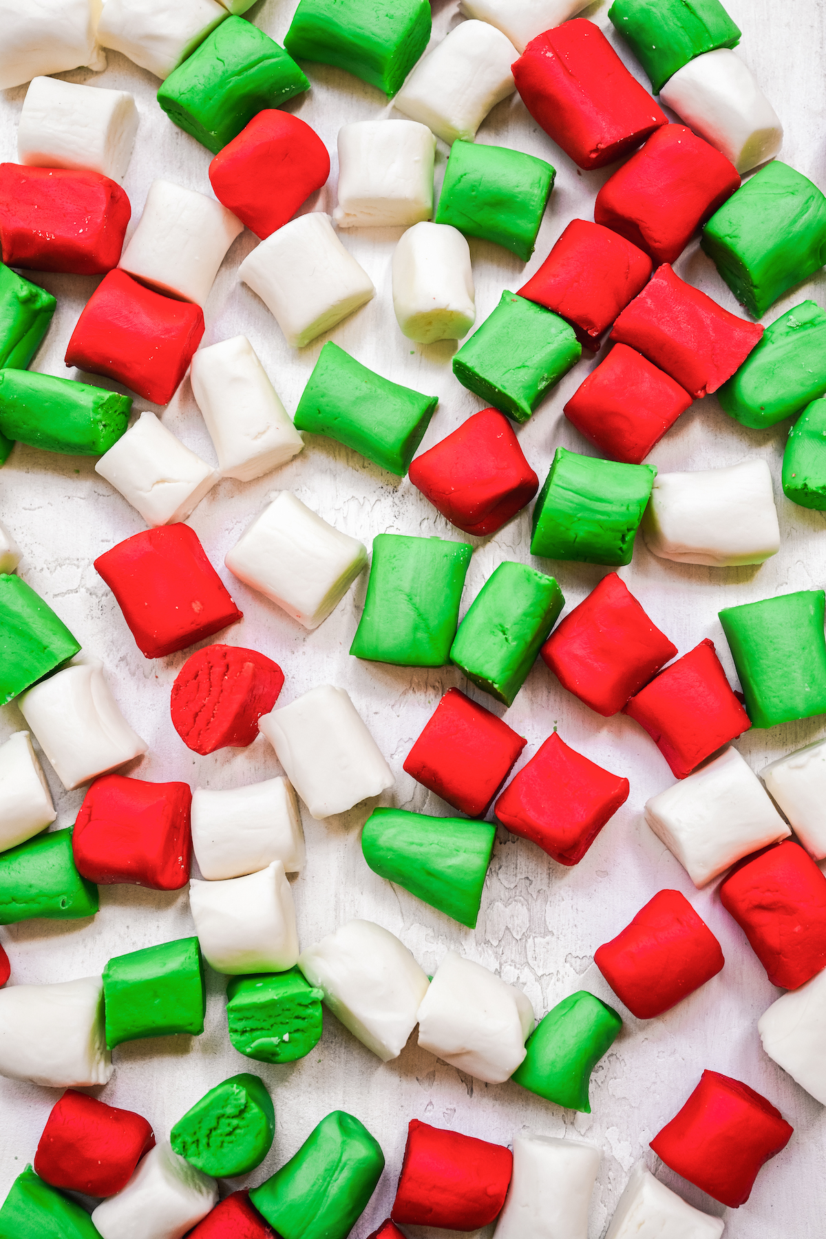 Christmas mints colored red, green, and white.