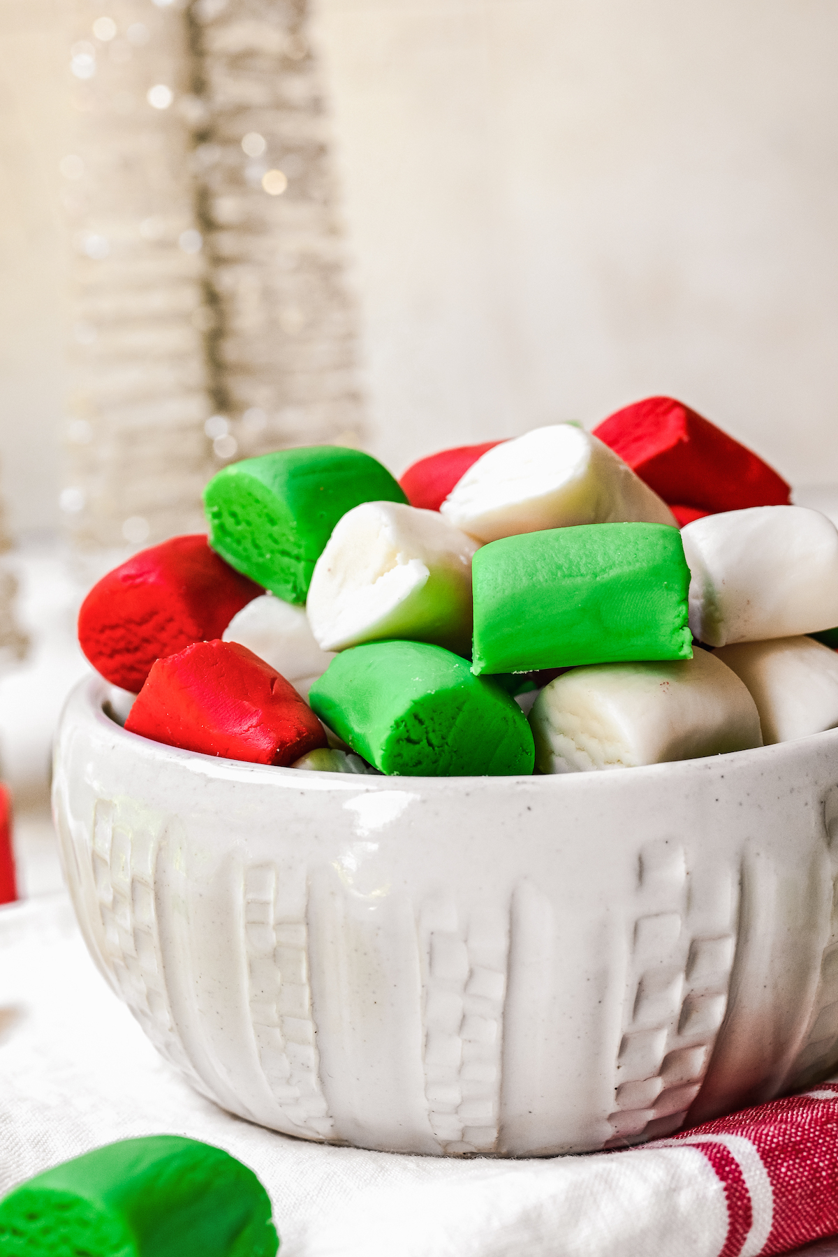 Homemade butter mints in a dish.