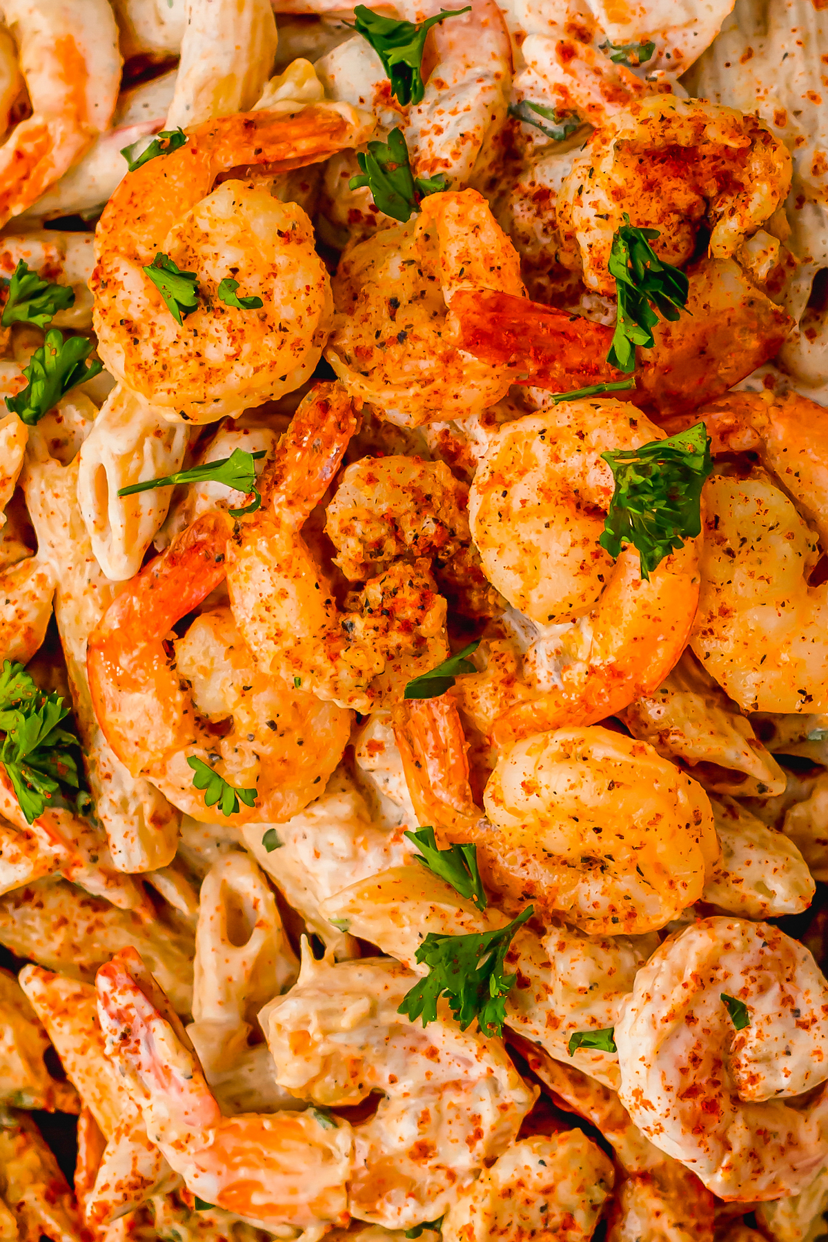 Cajun shrimp pasta, garnished with parsley.
