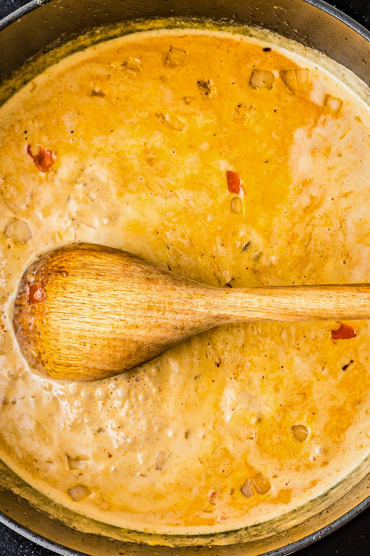 Creamy Cajun pasta sauce in a skillet.