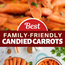 Two carrots on a fork, carrots on a cutting board and cut carrots in a pot with butter, brown sugar and spices.